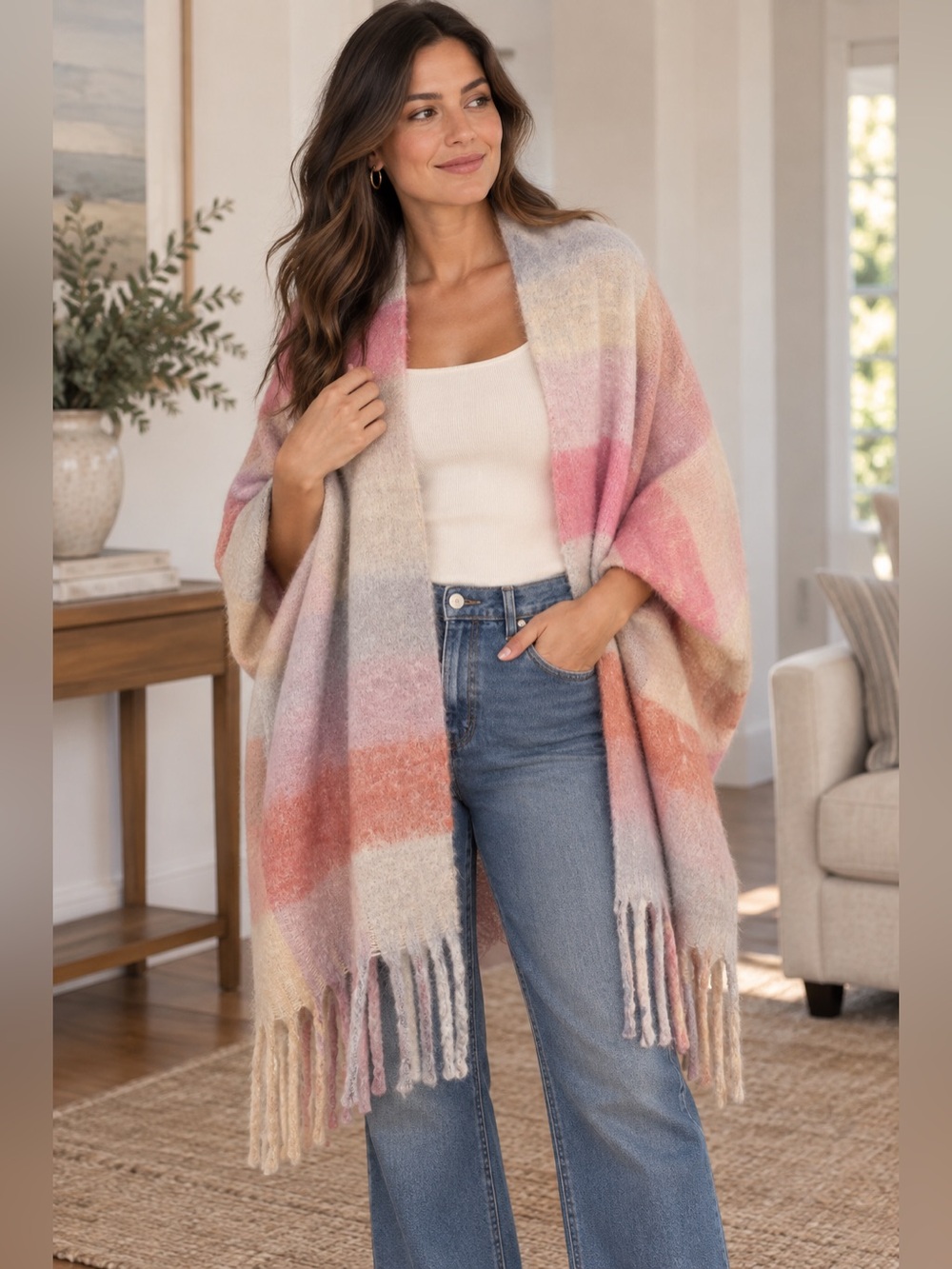 Charlotte Russe Pastel Striped Fringe Wrap - Pink, Blue, Cream, Peach